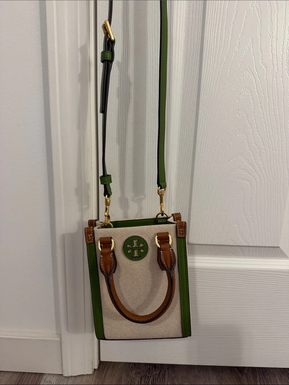 Tory Burch Green Trim Canvas Mini Blake Crossbody Purse